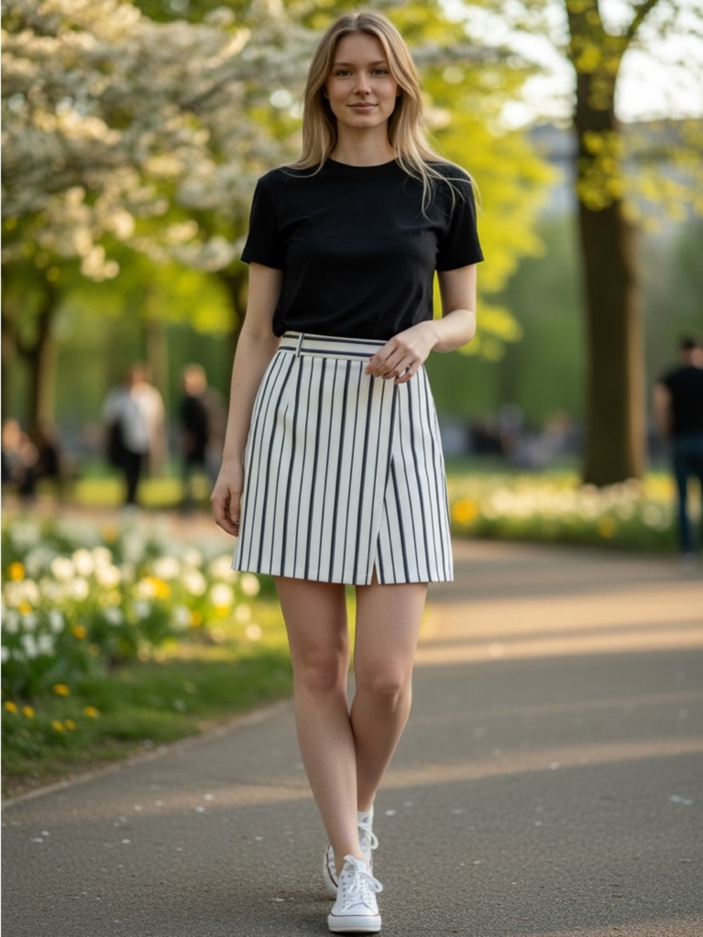 Black Crew Neck Tee with White Striped A-Line Skirt